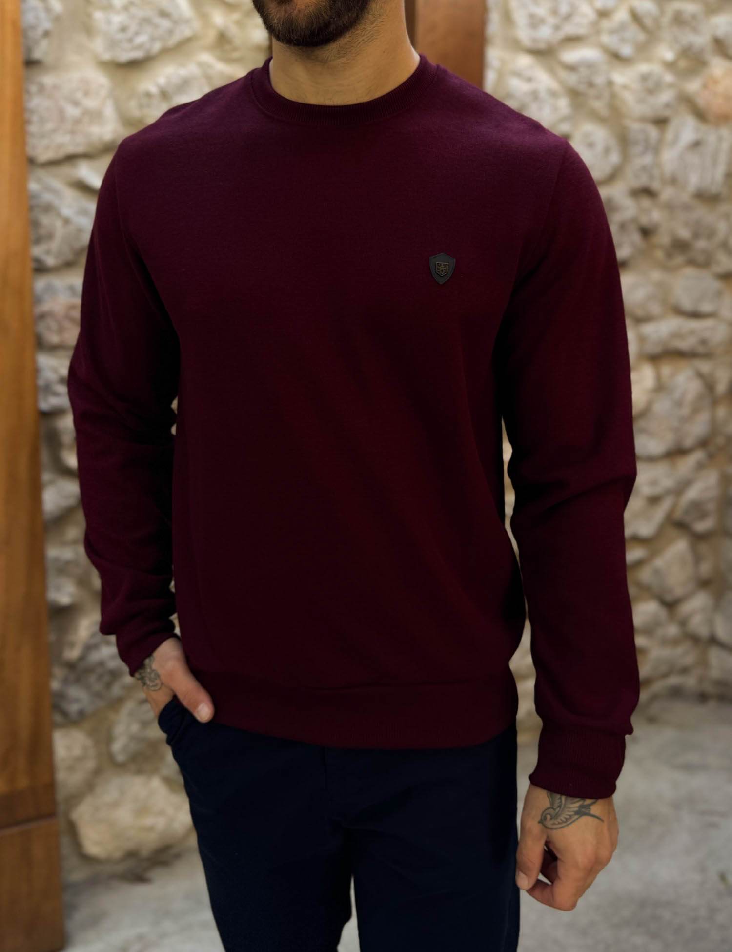 Everbest Everbest Ανδρική μπορντό μακρυμάνικη ριπ μπλούζα Plus Size 261030B